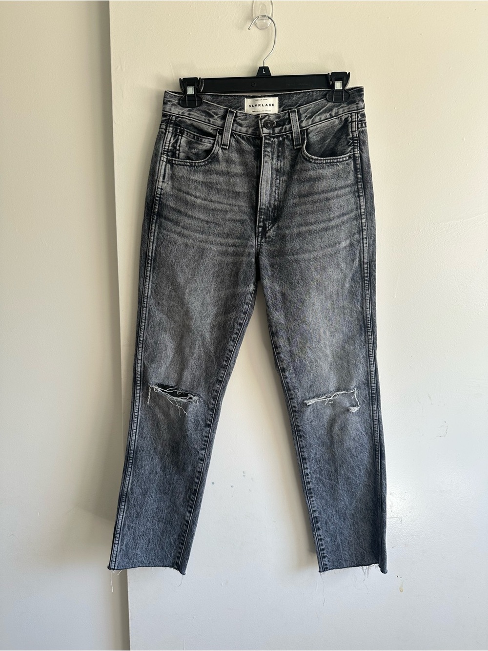 SLVRLAKE Women's Washed Gray Boyfriend Jeans with Knee Rips